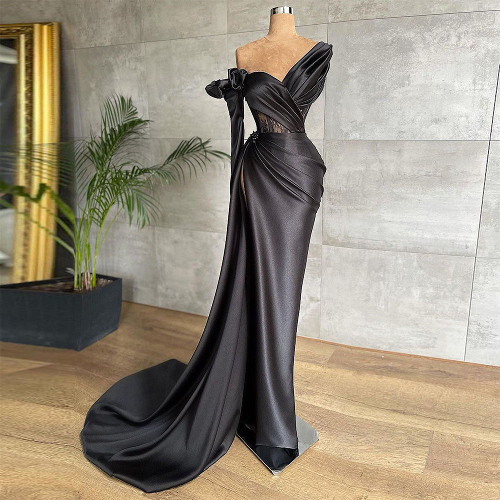 On Zhu High Side Split Black Satin Mermaid Ballkleider Spitze Sicke Plissee Geraffte Abendkleider Dubai Partykleid