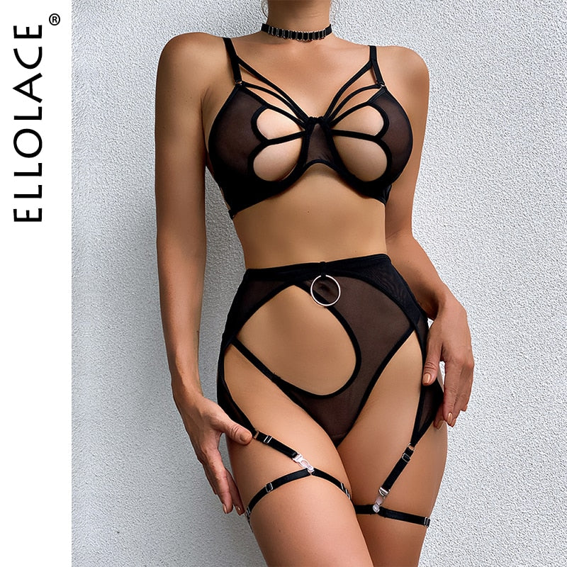 Ellolace Sexy Dessous  BH Slip-Sets  4-teilig Unterwäsche Strumpfbänder