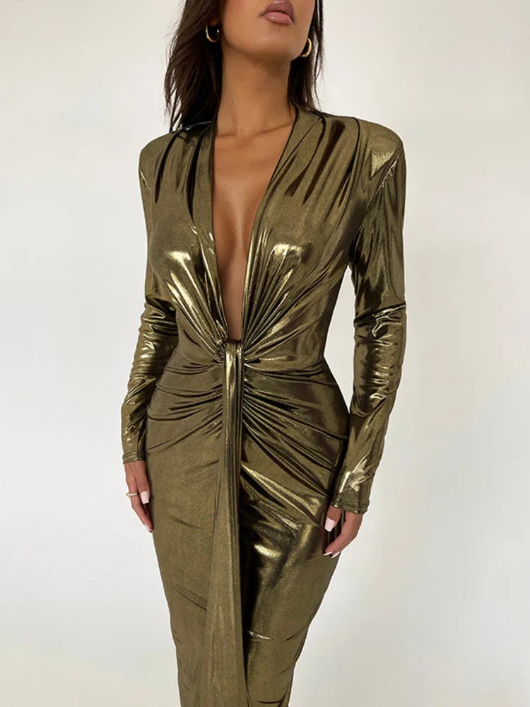 Deep V Neck Long Sleeve Bodycon Maxi Dress New Ruched Shiny Sexy PU Leather Dress