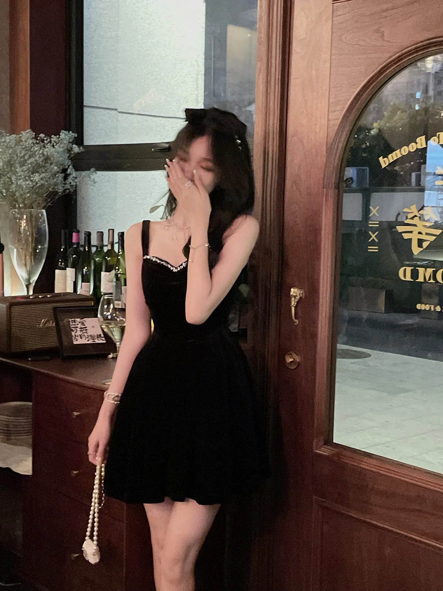 Elegant Wedding Party Black Velvet Midi Dresses Square Neck Long Sleeves Evening Prom Mini Clothing