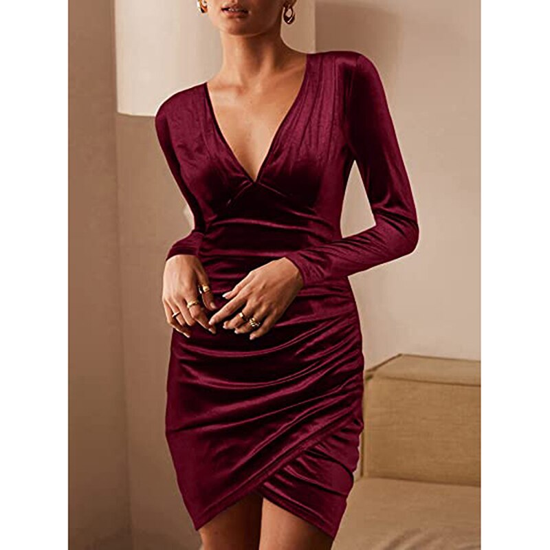 Einfarbig Samt Kleid Langarm Tiefem V-Ausschnitt Enge Taille Oberschenkel Langes Kleid