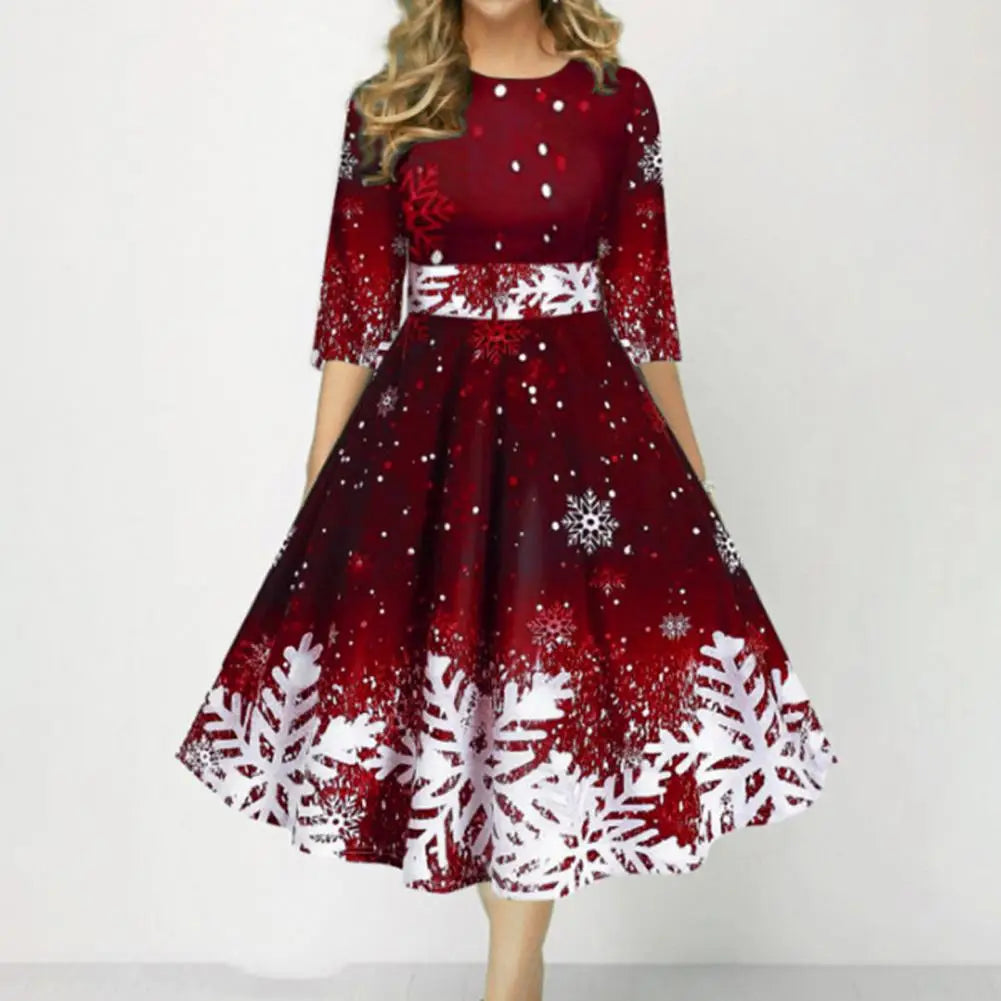 Stylish Christmas Dress  O-Neck Stretchy Gown Dress  Snowflake Print A-Line Gown Dress