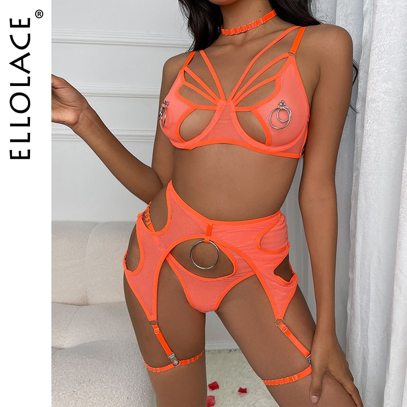 Ellolace Sexy Dessous  BH Slip-Sets  4-teilig Unterwäsche Strumpfbänder