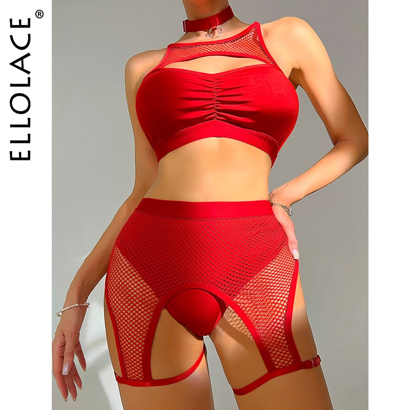 Ellolace Sexy Fischernetz Patchwork 4-Teiliger BH Panty Strumpfbänder