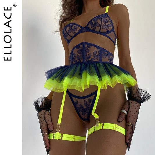 Ellolace Ruffle Neon Lingerie Lace Super Fine Fancy Delicate Intime Luxury Strumpfband 5-teiliges Outfit