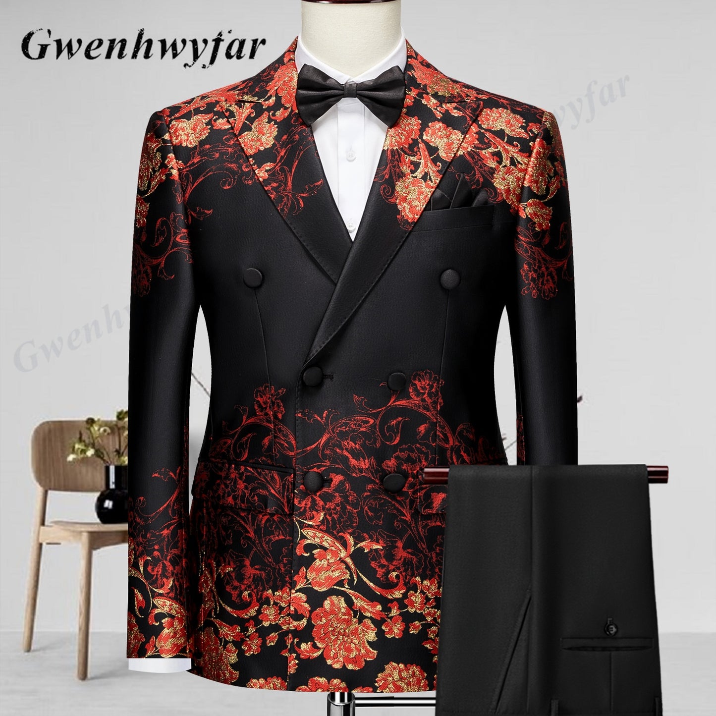 Gwenhwyfar Luxus-Orchideen-Muster Hochzeitsanzüge Smoking Weste