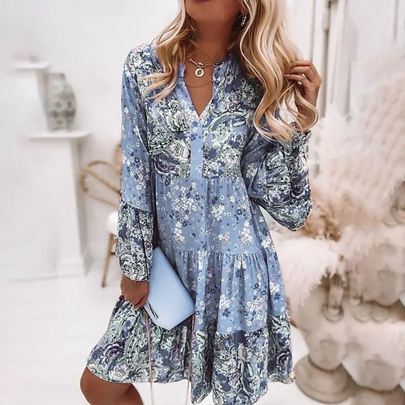 2023 Elegant Casual A-line Printed Lace Up Beach Short Dresses Summer Loose Fashion