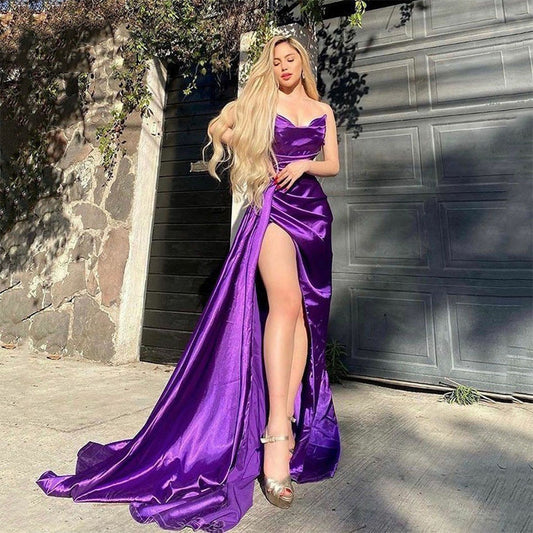 Vinca Sunny Sexy Purple Sweetheart Neck Mermaid Satin Long Prom Side Slit Evening Gowns Formal Party Custom Made