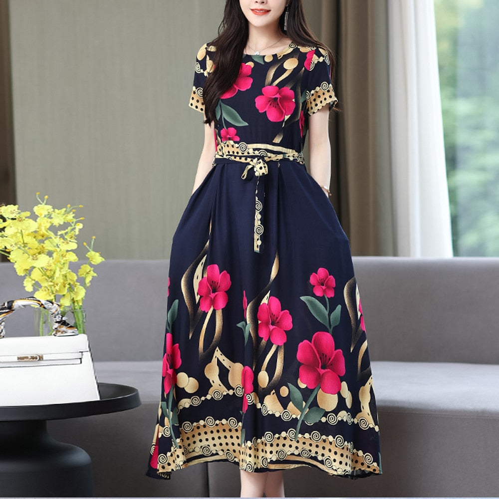 2023 New Fashion Print Summer Dresses Short Sleeve O-Neck Elegant