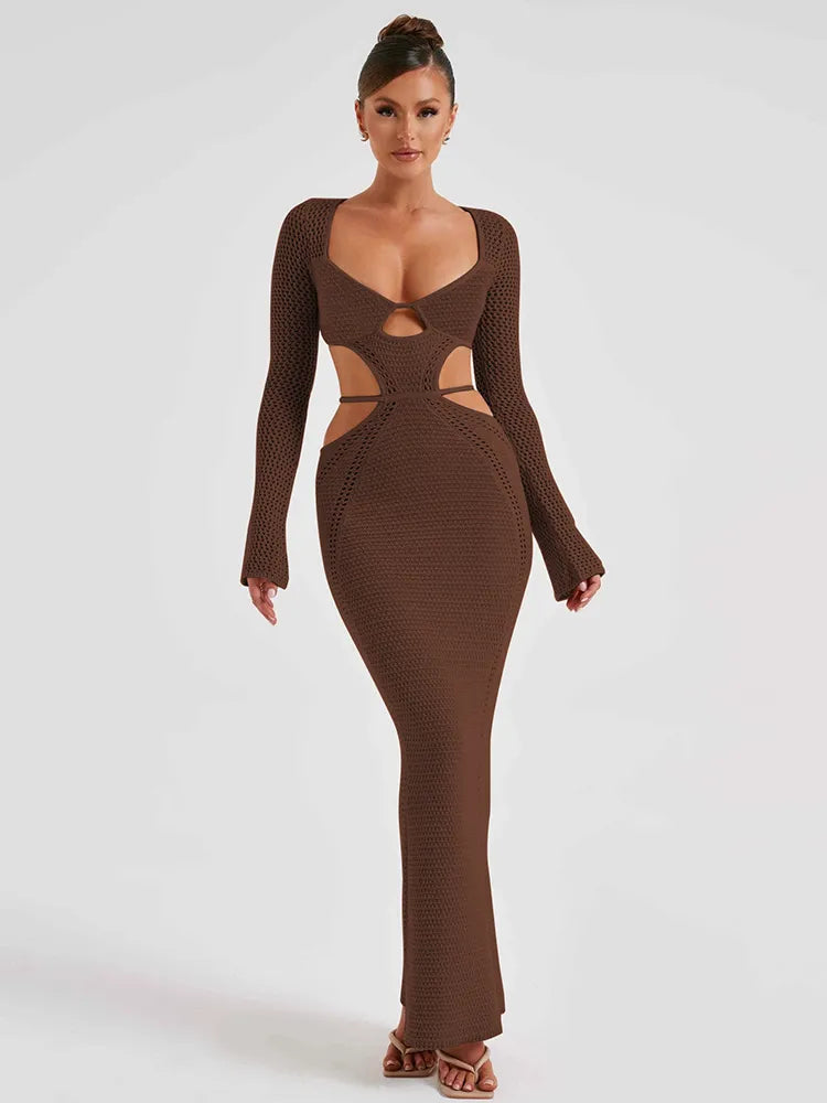 Knitted Long Sleeve Hollow Out Dress Bodycon Sexy And Elegant Female Vesidos Party Club Evening Dress