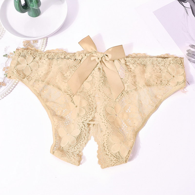 7 style Sexy Lace Open Crotch Panties Mesh Perspective Underwear Lace Bow Thong Crotchless Briefs Erotic Lingerie
