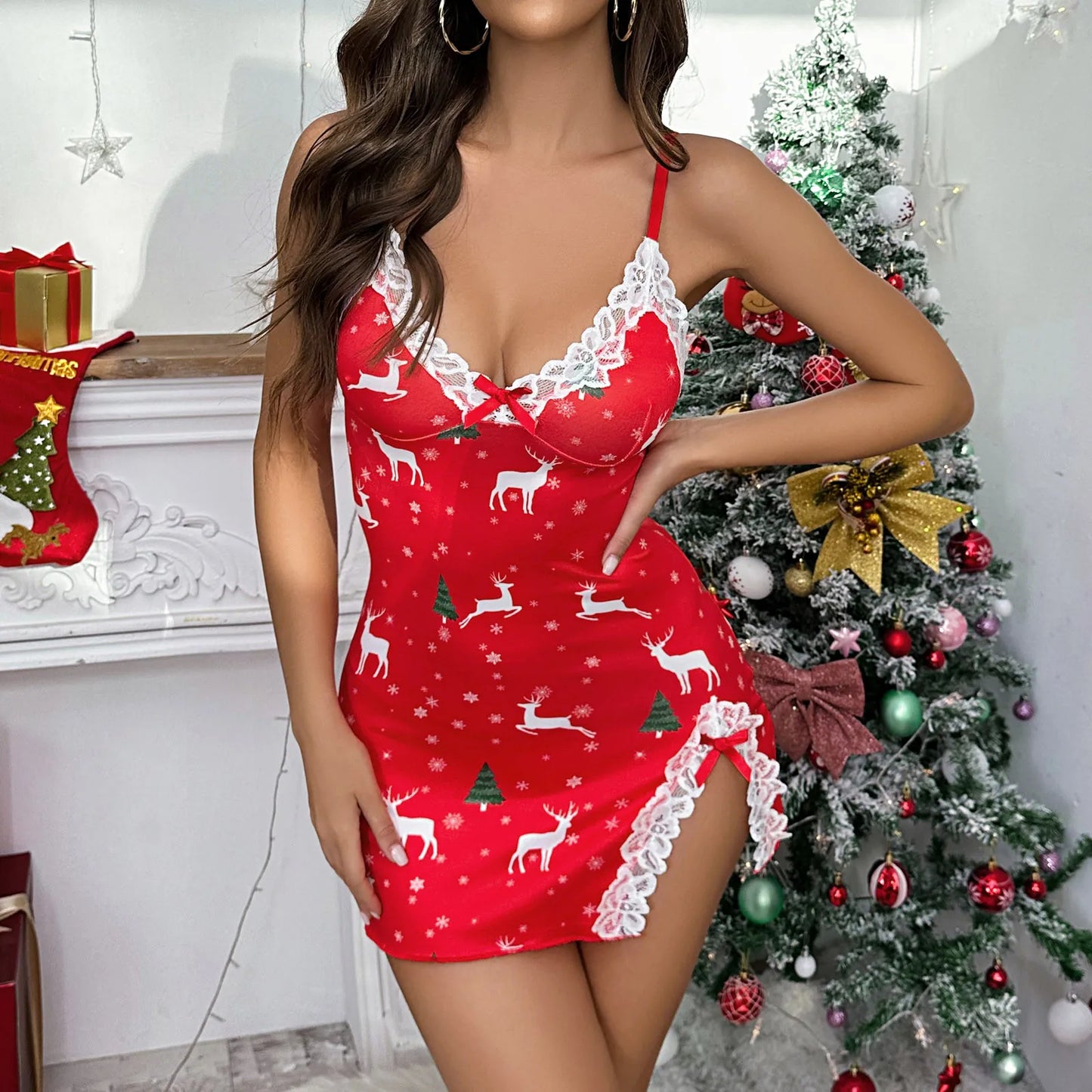 Christmas Sexy Sleeveless Nightdress Satin Chemise Lingerie Sleepwear Night Dress Cami Slip Dress Nightwear Nightgowns