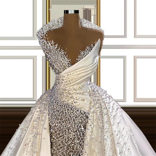 Luxurious Mermaid Wedding Dress Deep V-Neck Beading Pearls With Satin Detachable Train Wedding Dress Robe De Mariée