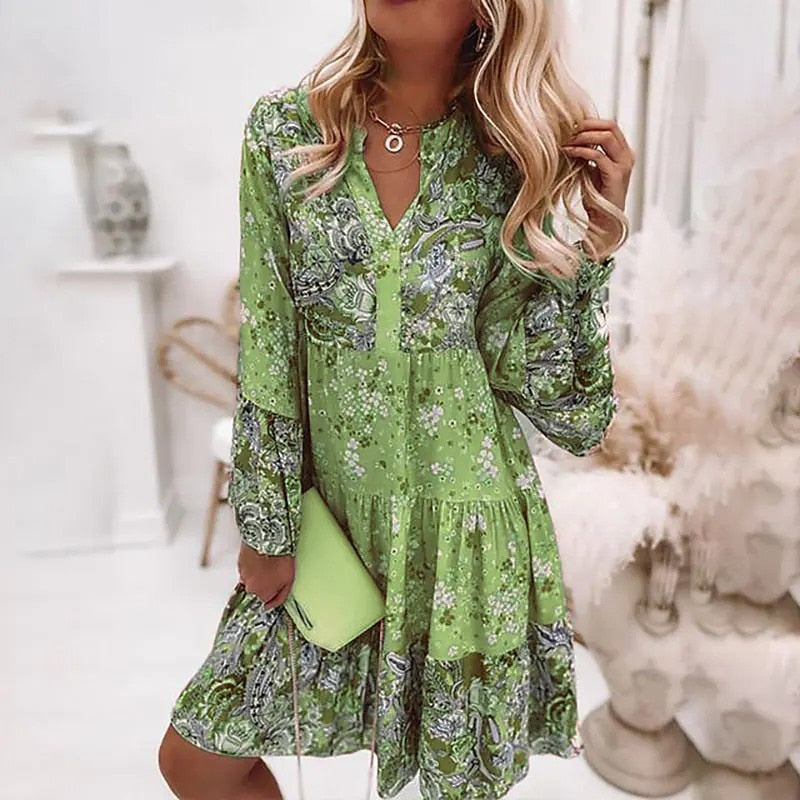 2023 Spring Oversize Print A-line Elegant Pleated Long Sleeve Casual Beach Clothes