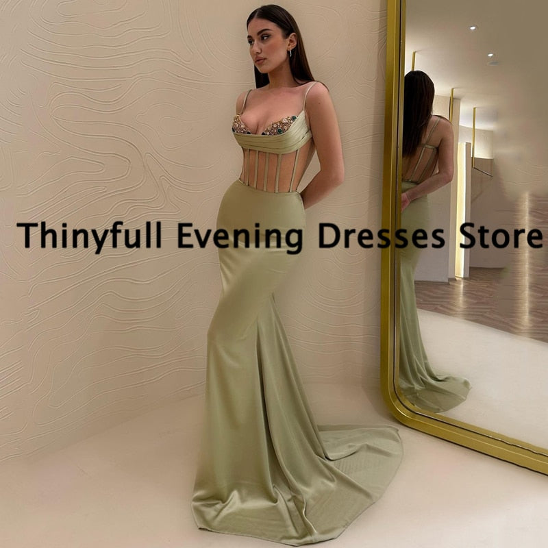 Thinyfull Formal Mermaid Prom Spaghetti Straps Beadings Evening Dress  Night Cocktail Party Gowns