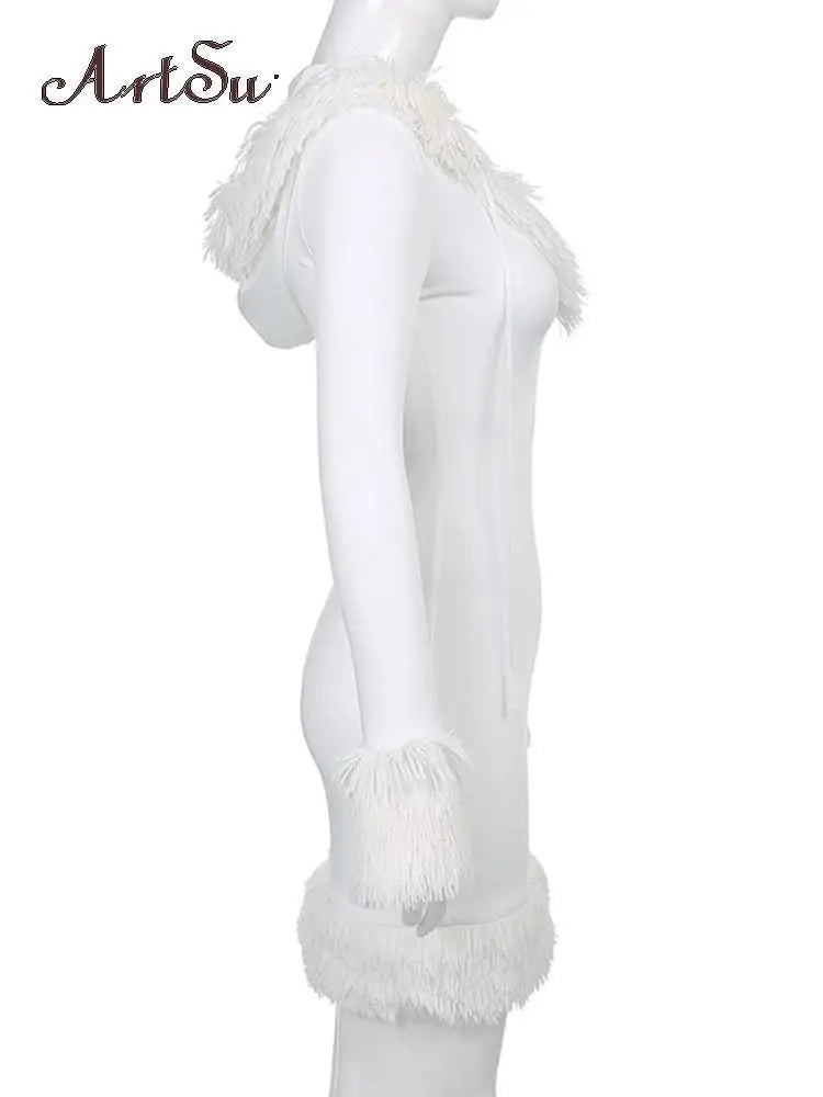 Kawaii Cute Furry White Bodycon Mini Dresses  Long Sleeve Hooded Party Club Dress Skinny Party Streetwear Winter