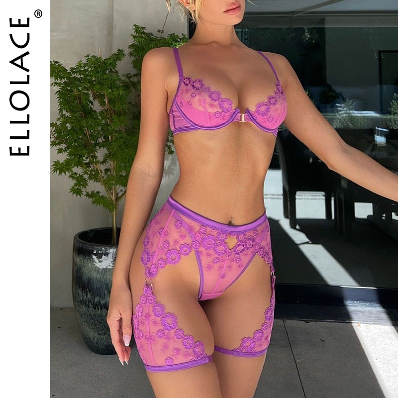 Ellolace Lingerie Fancy Female Underwear Embroidery 3-Pieces Luxury Lace Bra And Panty Sexy Garters Transparent Exotic Sets