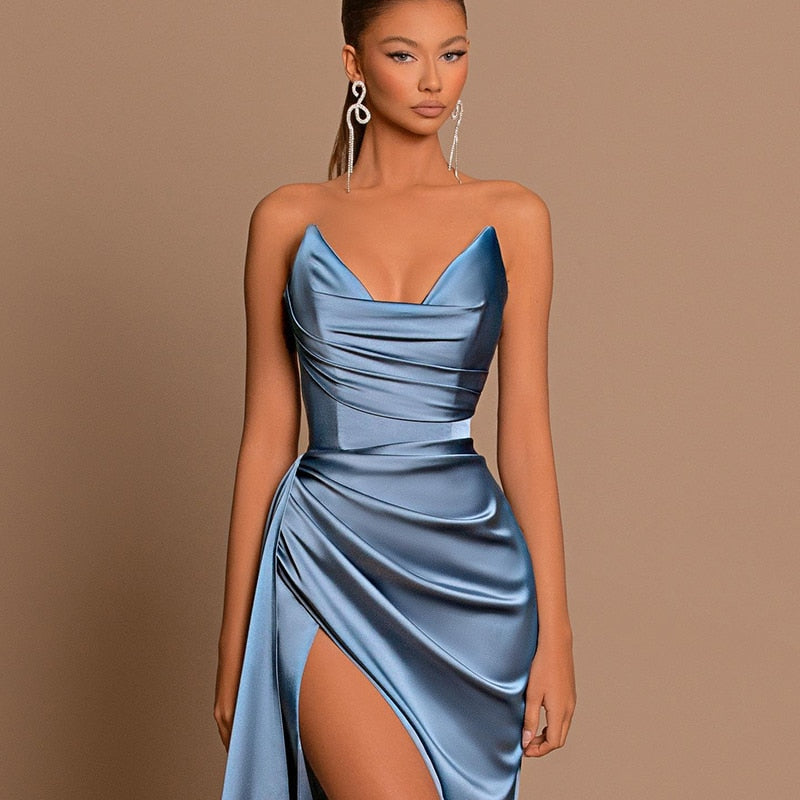 Thinyfull Blue Mermaid Prom Evening Formal Sweetheart Floor Length Party Side Slit Night Cocktail Gowns