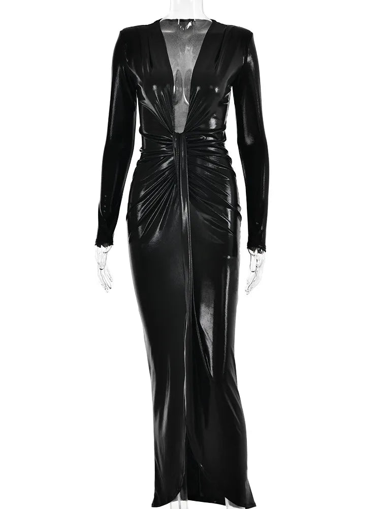 Deep V Neck Long Sleeve Bodycon Maxi Dress New Ruched Shiny Sexy PU Leather Dress
