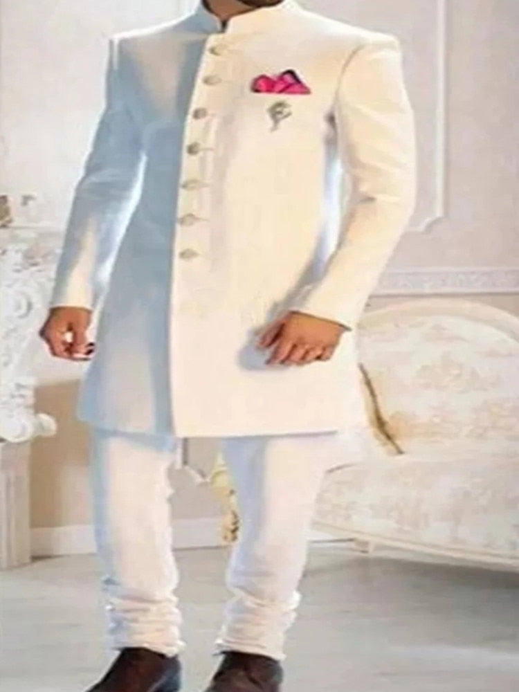 Modedesign Weiß Stehkragen Einreiher Smoking Bräutigam Lange Anzug Hochzeit Formal Slim Fit