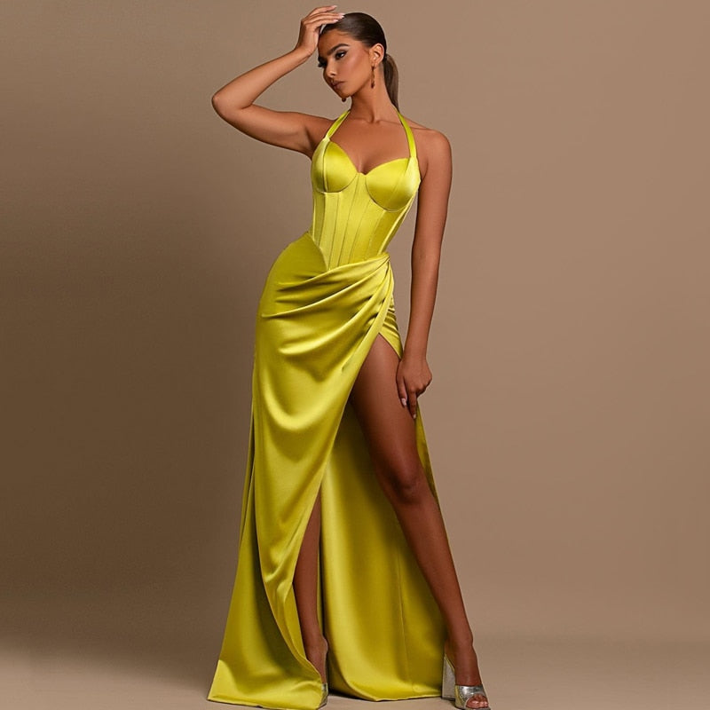 Thinyfull Sexy Prom Evening Dresses Halter Neck Party Prom Dress High Split Floor Length Mermaid Cocktail