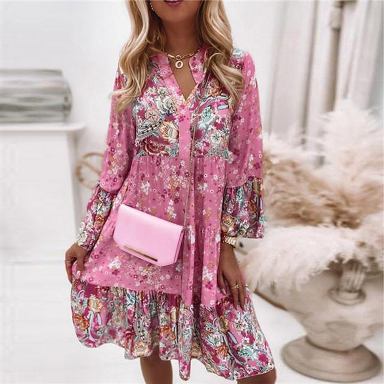 2023 Elegant Casual A-line Printed Lace Up Beach Short Dresses Summer Loose Fashion