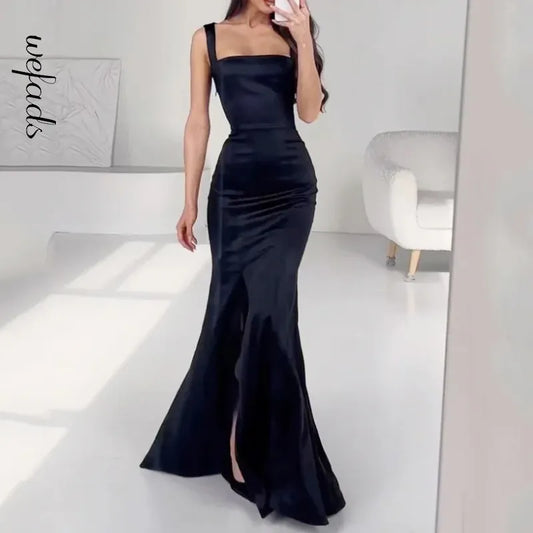 Maxi Dress Fashion Elegant Solid Suspender Sleeveless Square Neck Slit Mermaid Slim Gown Evening Dresses