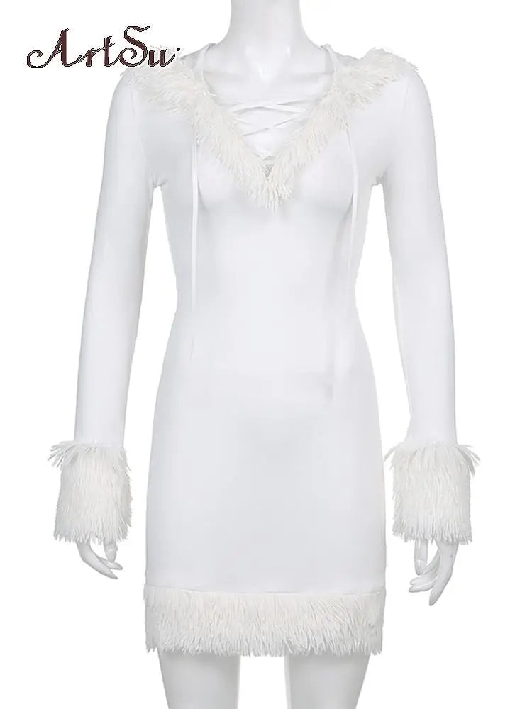 Kawaii Cute Furry White Bodycon Mini Dresses  Long Sleeve Hooded Party Club Dress Skinny Party Streetwear Winter
