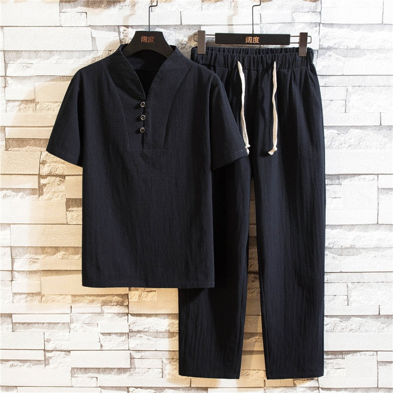 Sommer Leinen Baumwolle T-Shirt Set Chinesischen Stil Kurzarm Solide Anzug tif-shop24.de