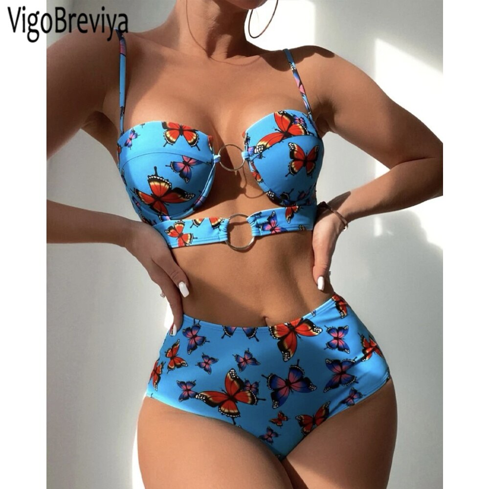 2023 VigoBreviya Print Strapped Swimwear Sexy High Waist Push Up Bikini Hollow Backless Swimsuit Summer Beach Bathing Suit