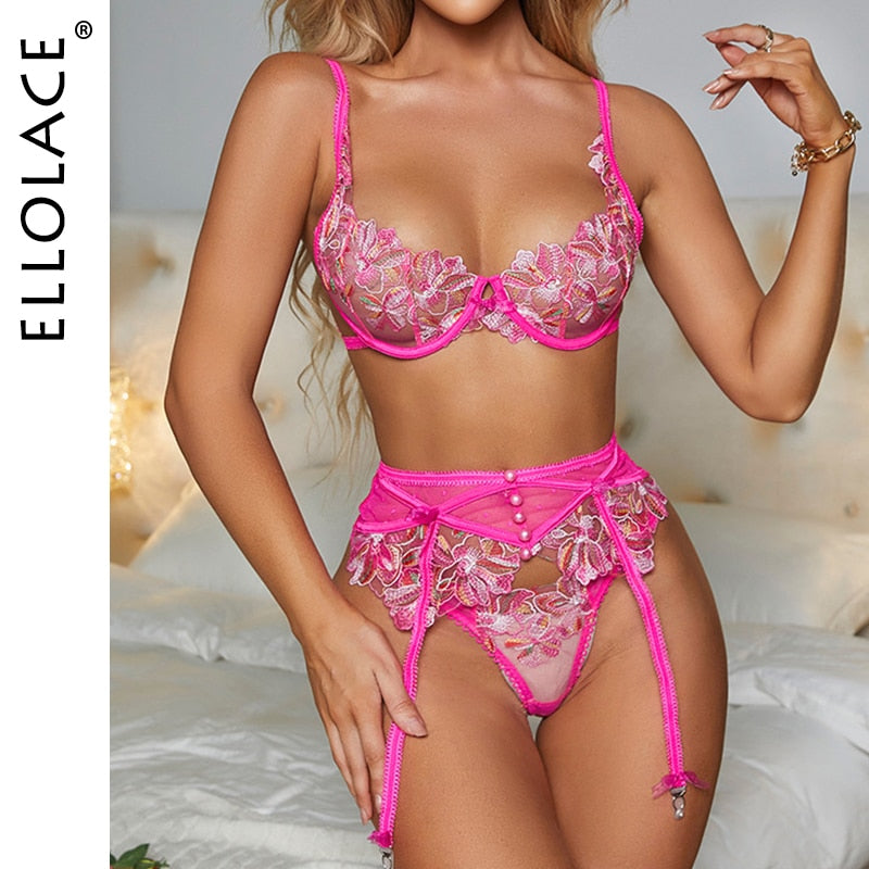 Ellolace Fancy Pink Dessous Blumenstickerei Sexy Tangas Strumpfhalter BH 3-teilig Zarte Luxusspitze