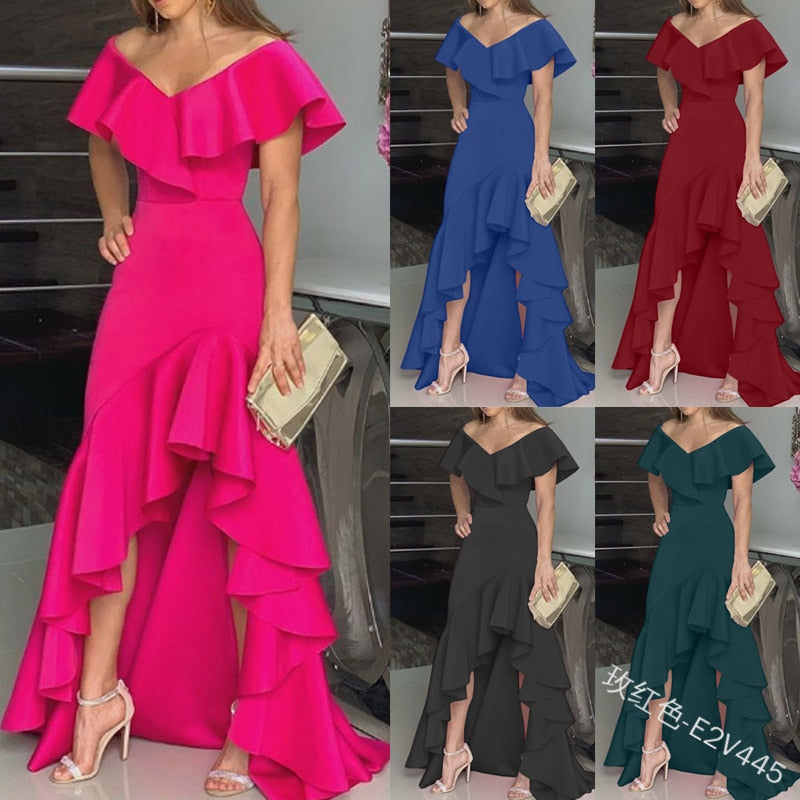 European American Elegant Party Dresses Sexy V-neck Irregular Solid Color Maxi Dress Hem Ruffle Women Short Sleeve Floor-Length