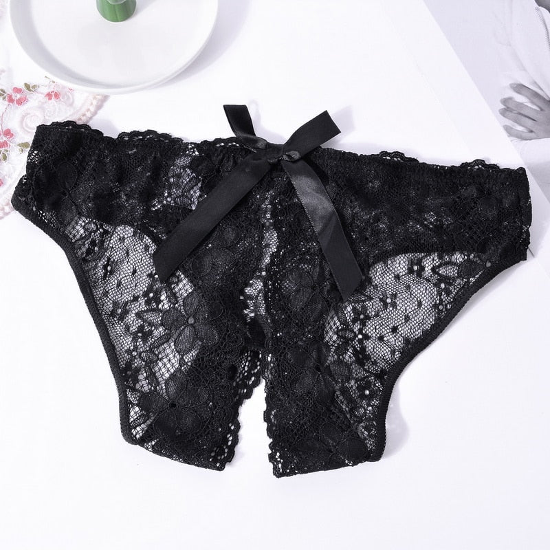 7 style Sexy Lace Open Crotch Panties Mesh Perspective Underwear Lace Bow Thong Crotchless Briefs Erotic Lingerie