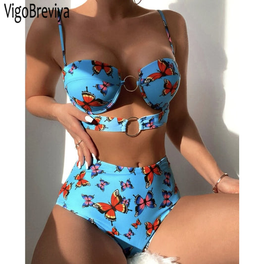 2023 VigoBreviya Print Strapped Swimwear Sexy High Waist Push Up Bikini Hollow Backless Swimsuit Summer Beach Bathing Suit