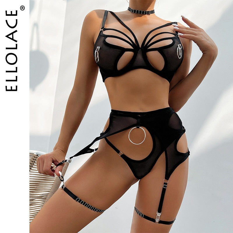 Ellolace Sexy Dessous  BH Slip-Sets  4-teilig Unterwäsche Strumpfbänder