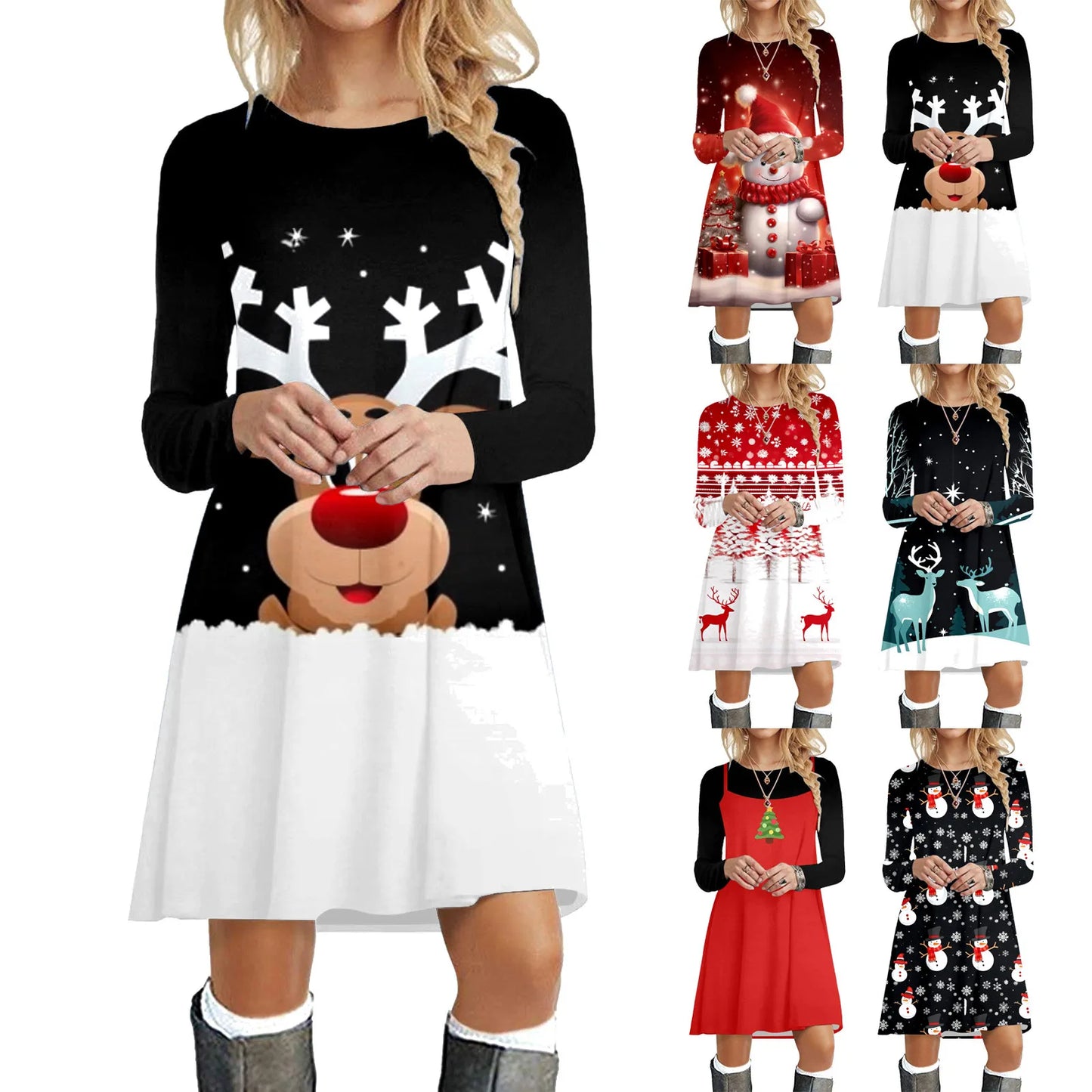 New Year Snowman Printed Hooded Dress Women's Long Sleeve Christmas Party Dress Oversized O Neck Casual Dress Femme Vestidos