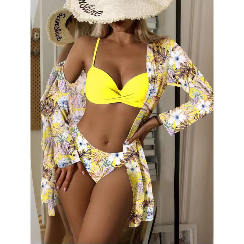 Floral Print Bikinis Set New Sexy Three Piece Beach Cover Up  Push Up Summer Long Sleeve Twist Swimwear Bathing Suit