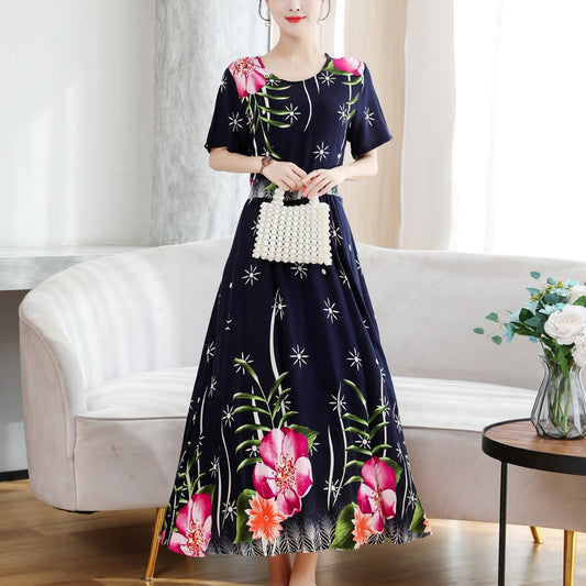 2023 New Fashion Casual Summer Dress O-neck Short Sleeve Loose Cotton Print Floral Vintage Long Dress