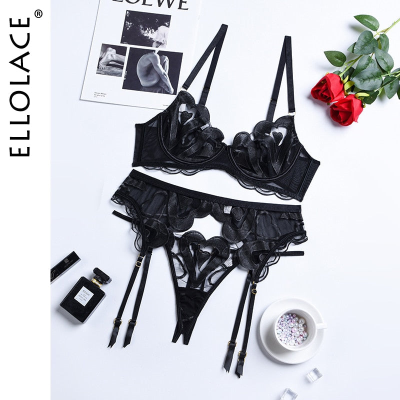 Ellolace Sexy Lingerie Luxury Lace Embroidery Fancy Underwear 3-Pieces Pushup Sex Bra And Briefs Set  Transparent Erotic Thongs