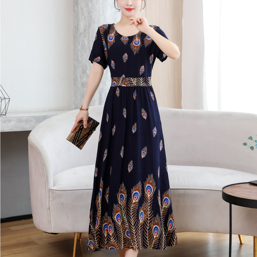 2023 New Fashion Casual Summer Dress O-neck Short Sleeve Loose Cotton Print Floral Vintage Long Dress