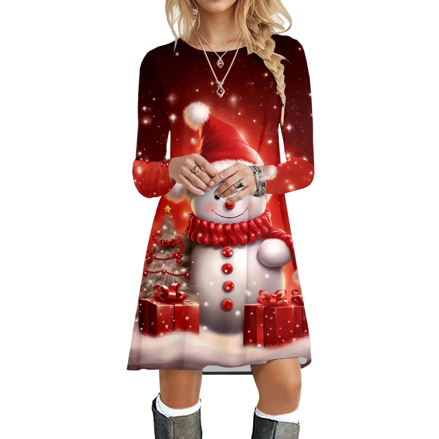 New Year Snowman Printed Hooded Dress Women's Long Sleeve Christmas Party Dress Oversized O Neck Casual Dress Femme Vestidos