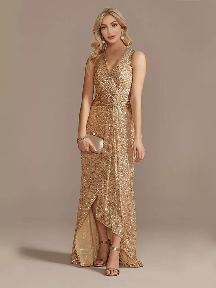 Luxury Floor Length V-Neck Evening Dress Elegant Slit Party Wedding Sequins For Formal Prom Cocktail Dress