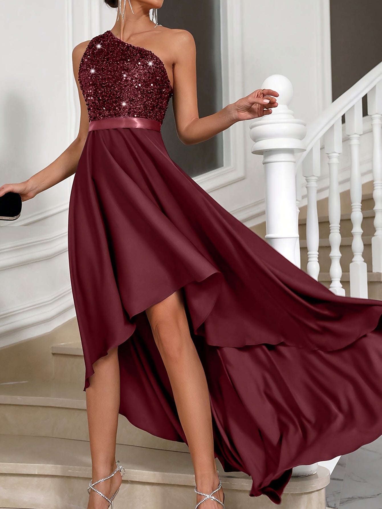 Solides Tauchsaum-Partykleid Elegantes Schräges Schulterärmelloses Kleid