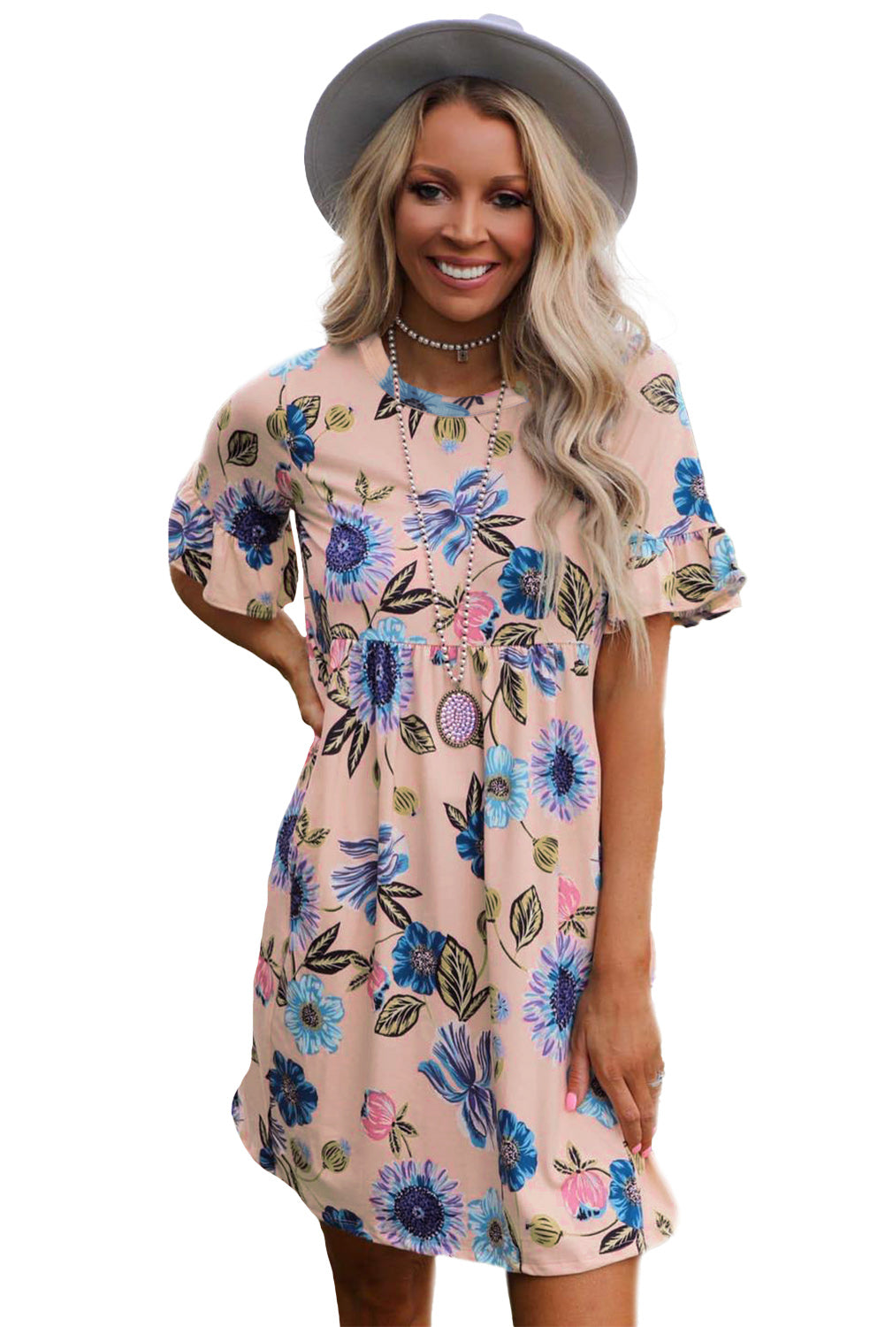 Dunkelblau Rüschen Kurzarm Floral Kleid tif-shop24.de