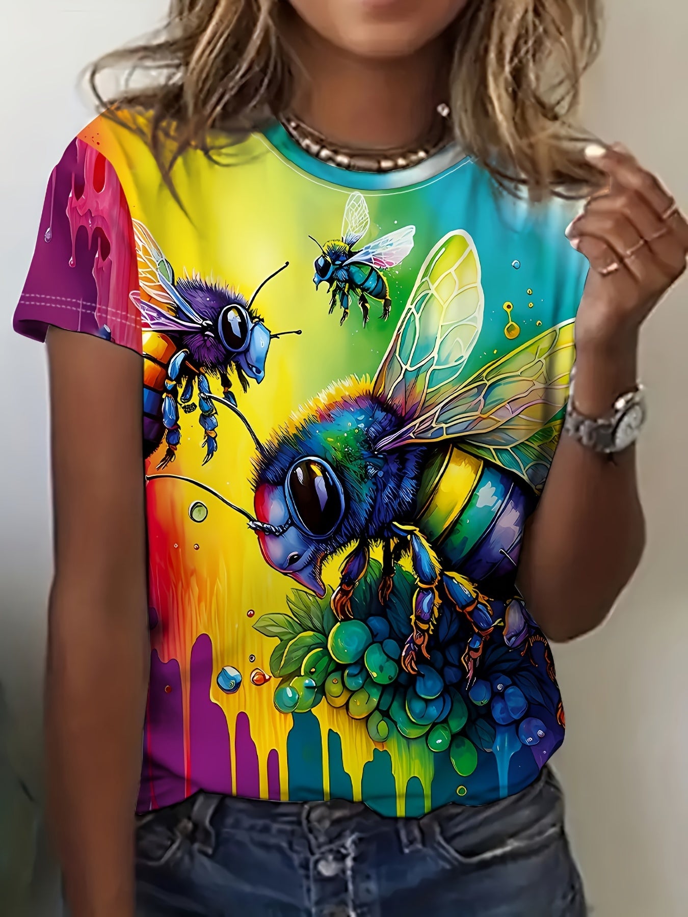 Bee & Floral Print T-Shirt, Lässiges Kurzarm-Crewneck-Top Für Frühling & Sommer