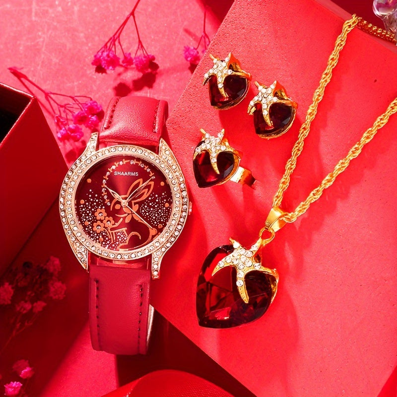 5pcs/Set Elegante Blume Kaninchen Quarzuhr Luxus Strass Analog Armbanduhr Valentinstag Geschenk