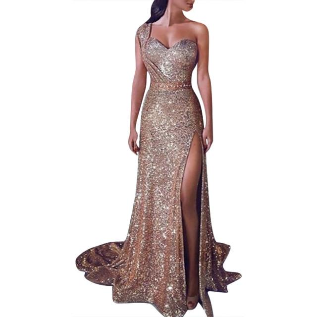 Frauen Pailletten Kleid Prom Frauen Sexy Party Gold Sommerkleid  V-Ausschnitt Kleid Abiye Gece Elbisesi