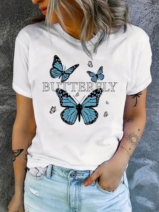 Schmetterlingsdruck Lässiges Rundhals-Kurzarm-Alltagstop T-Shirt