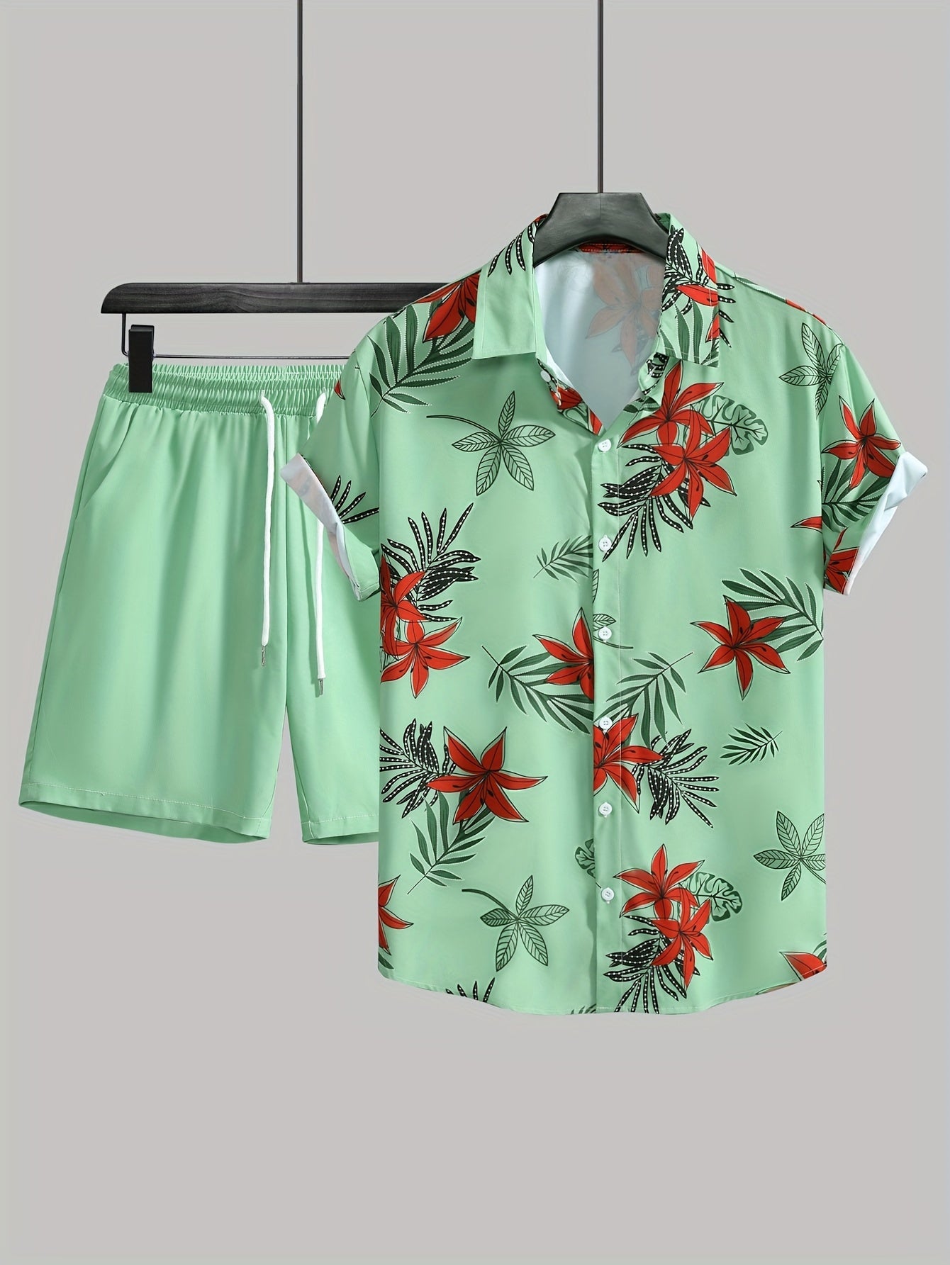 Blumen- Und Blattdruck, 2-teiliges Outfit, Lässiges Camp-Kragen-Revers-Knopf-Kurzarmhemd, Hawaiihemd Und Kordelzug-Shorts