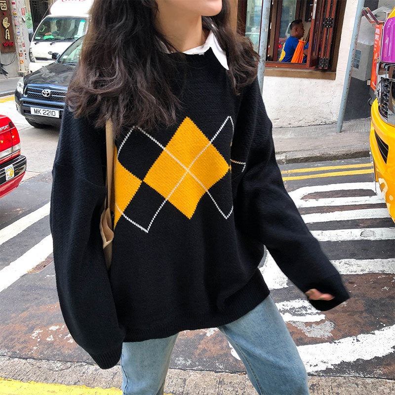 Koreanische College-Stil geometrische Muster Argyle Pullover